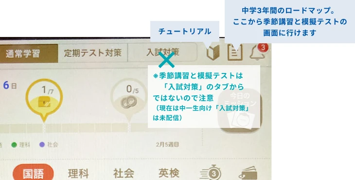 チュートリアル、季節講習、模擬テストの導線解説・イメージ画像